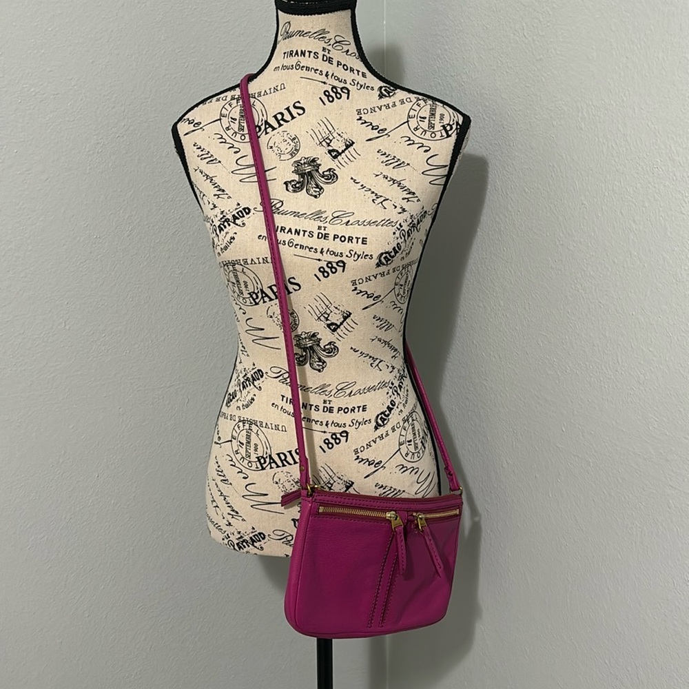Fossil Cow Hide Leather Multipockets Crossbody Bag Pink with Gold Accents Small